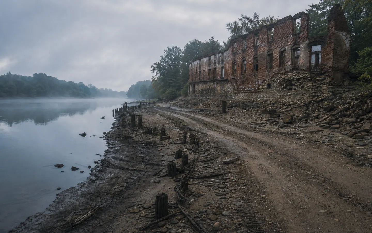 An exposed riverbank service road beside the remains of a brick mill