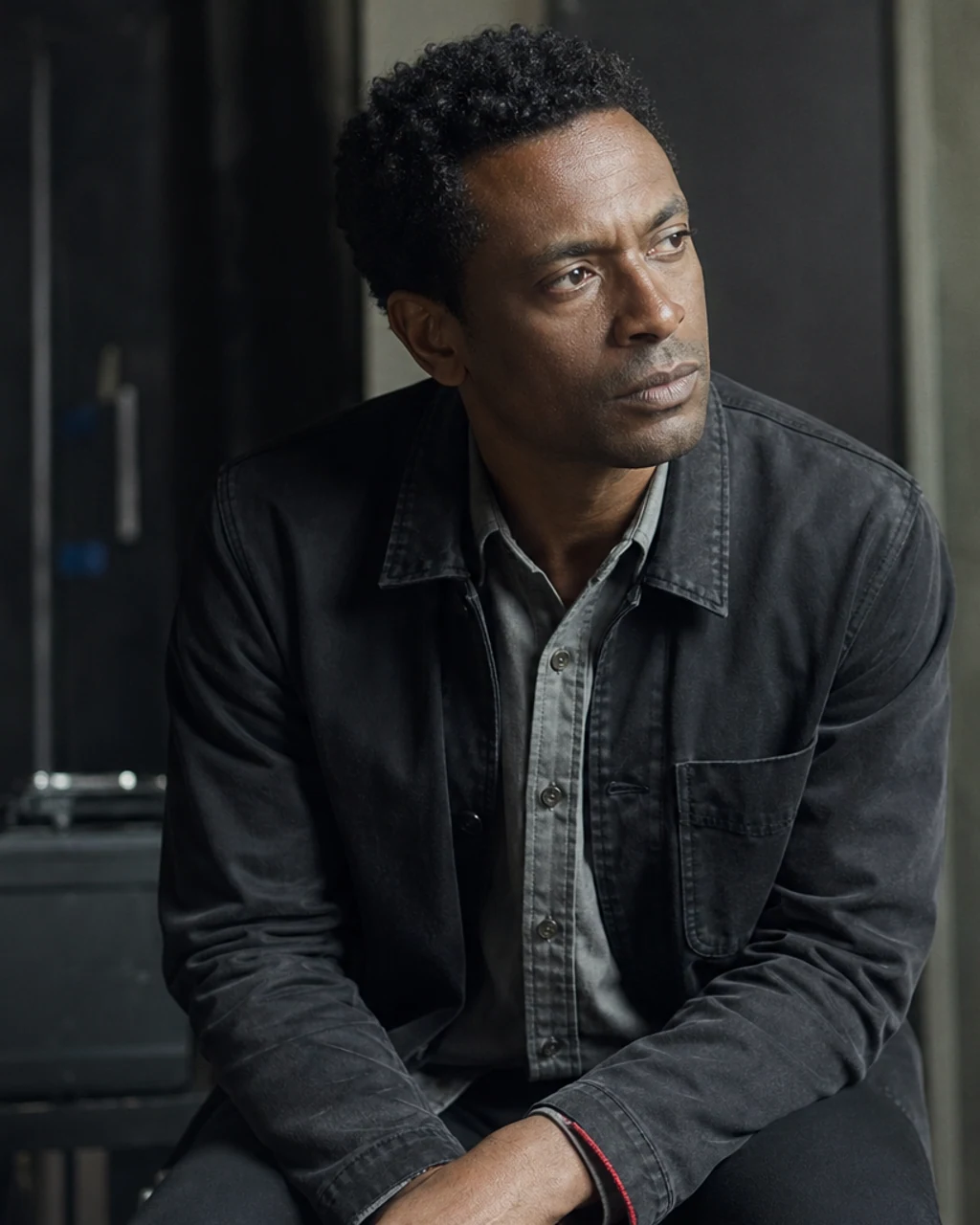 Julian Cross beside a location monitor stand in a quiet stage space