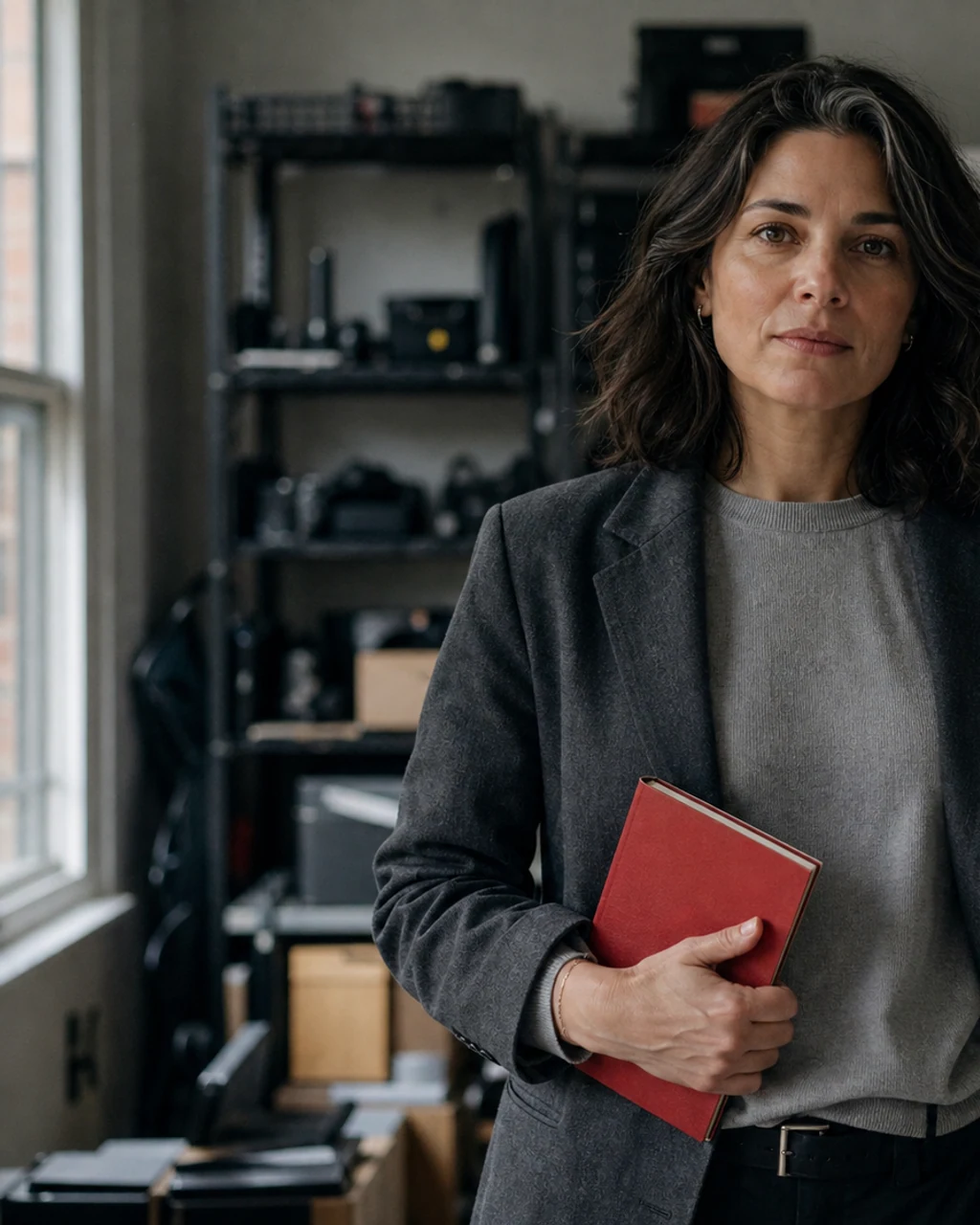 Mara Vale in a slate blazer, seated in a softly lit production office