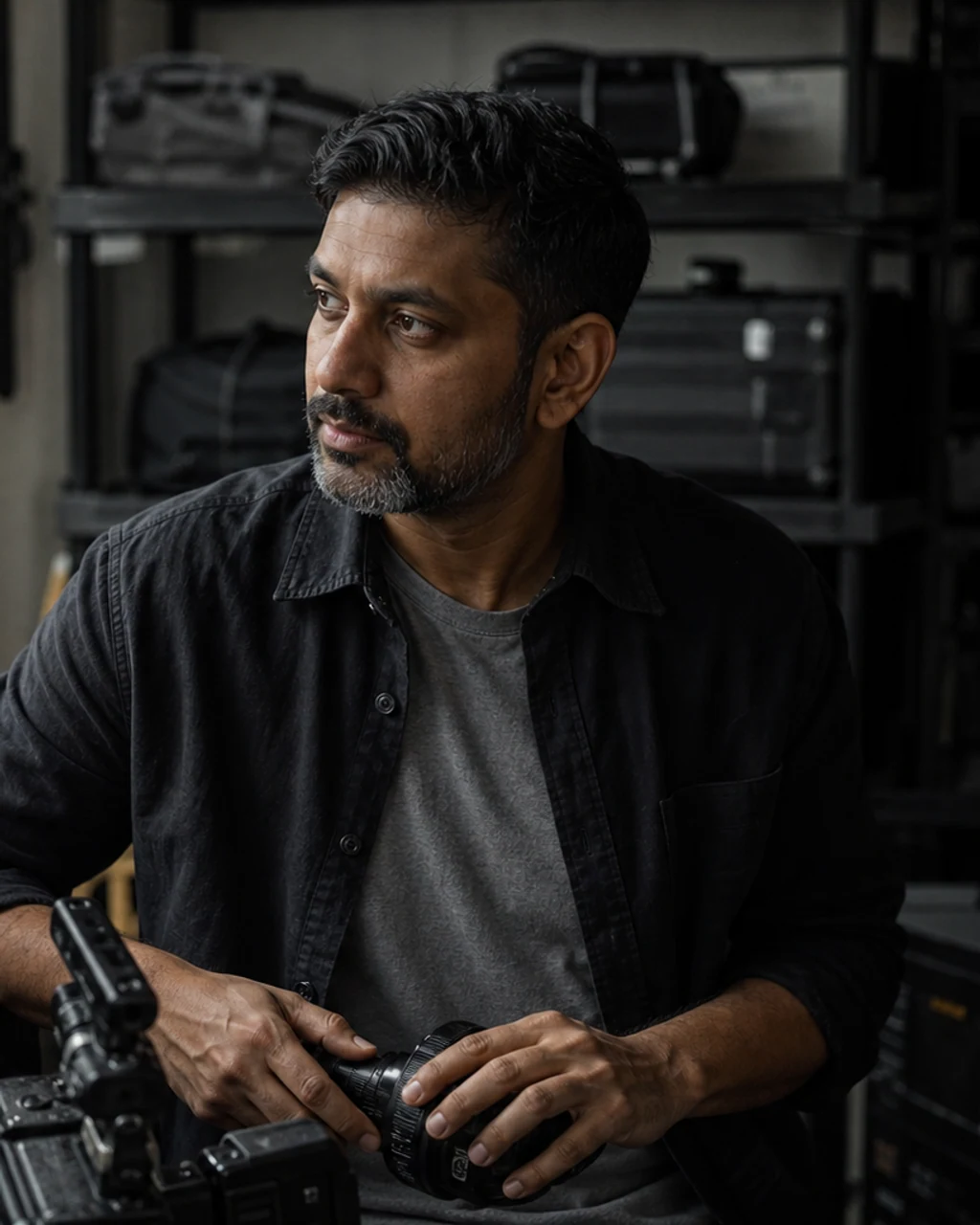 Niko Hart in a dim camera-preparation room beside an equipment case