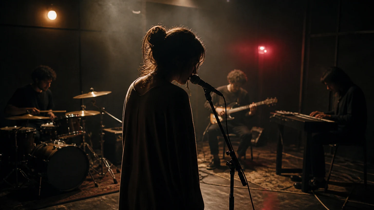A vocalist and three musicians rehearsing under low light on a small stage