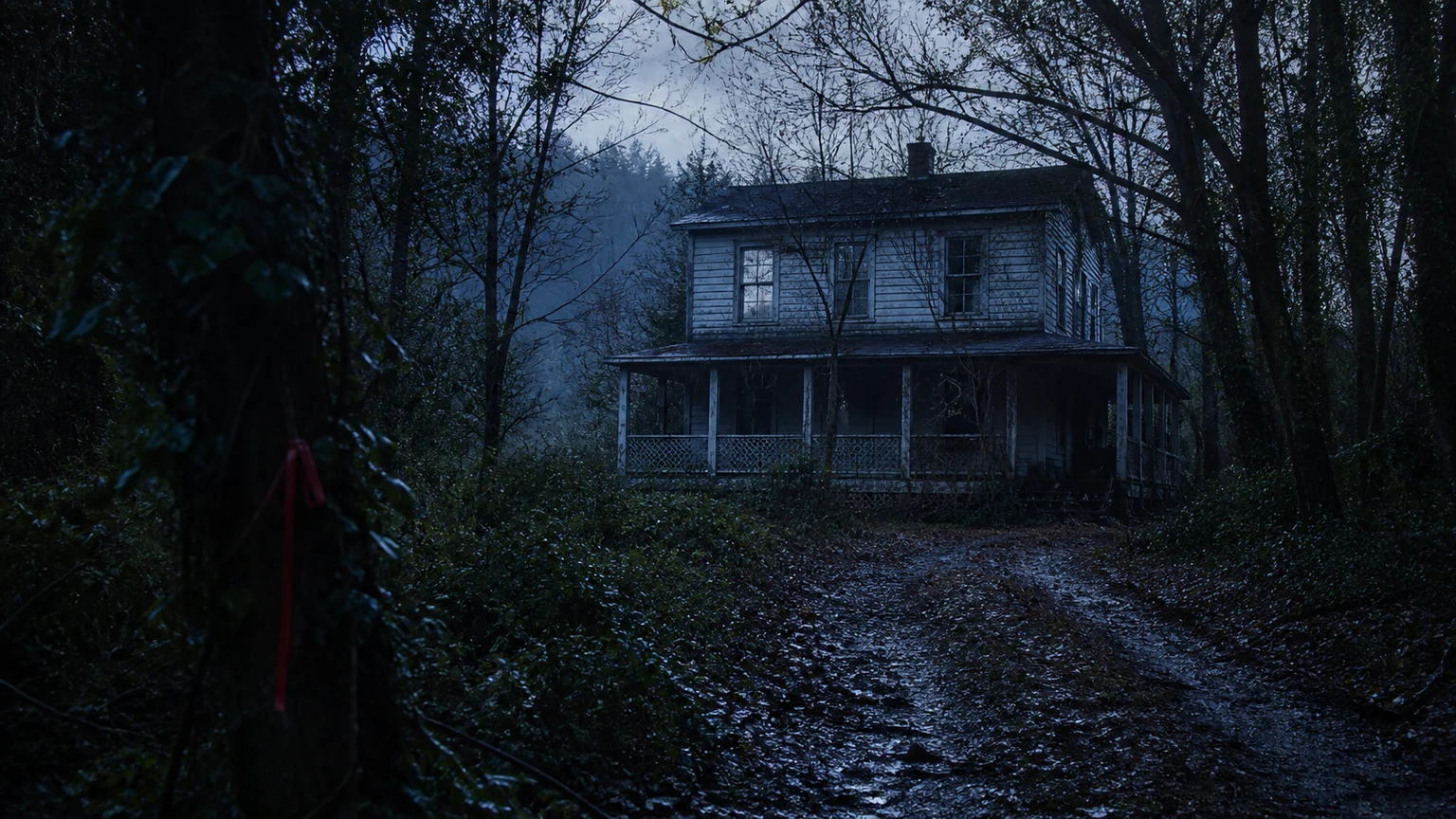 A neglected timber house beyond a narrow overgrown drive at blue hour