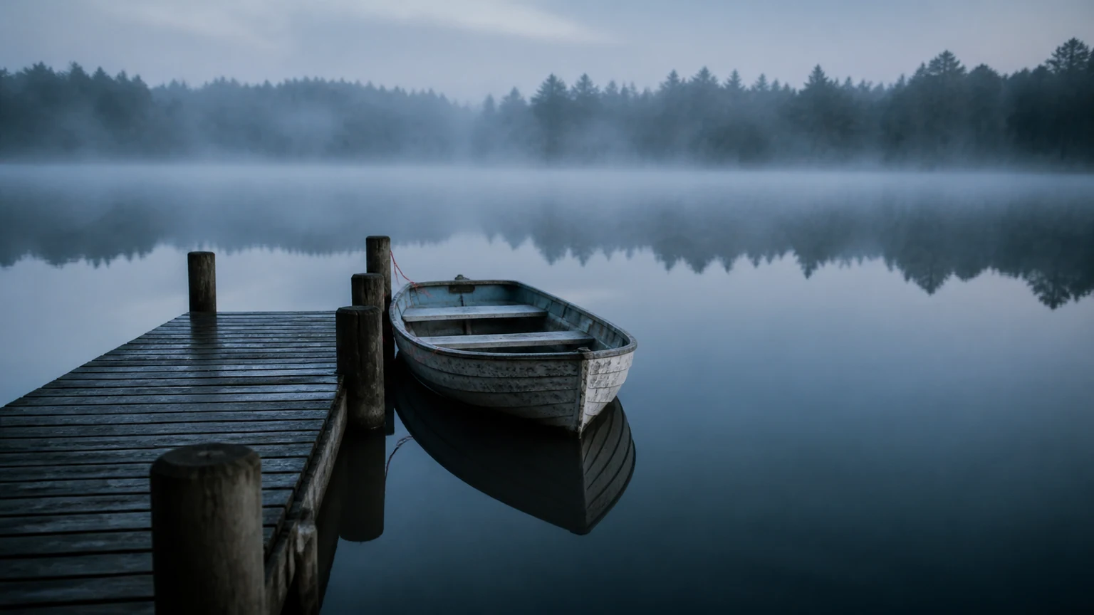 A weathered rowboat tied to a simple dock on a misty lake at first light